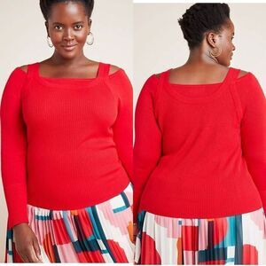 Anthropologie Womens Bright Red Jamie Cold Shoulder Ribbed Sweater Size Medium